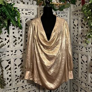 GORGEOUS CHAMPAGNE GOLD METALLIC SPARKLY COWEL NECK LONG SLEEVE PLUS SIZE TOP